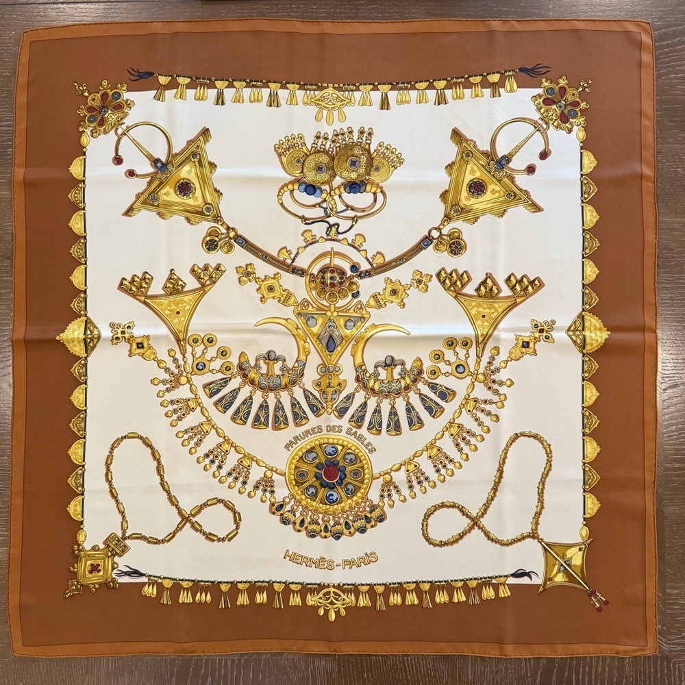 Hermès Paris Brown and Gold Silk Scarf